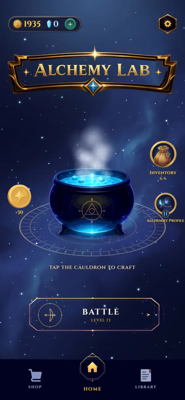 Alchemy Lab lobby: the cauldron and the Battle button